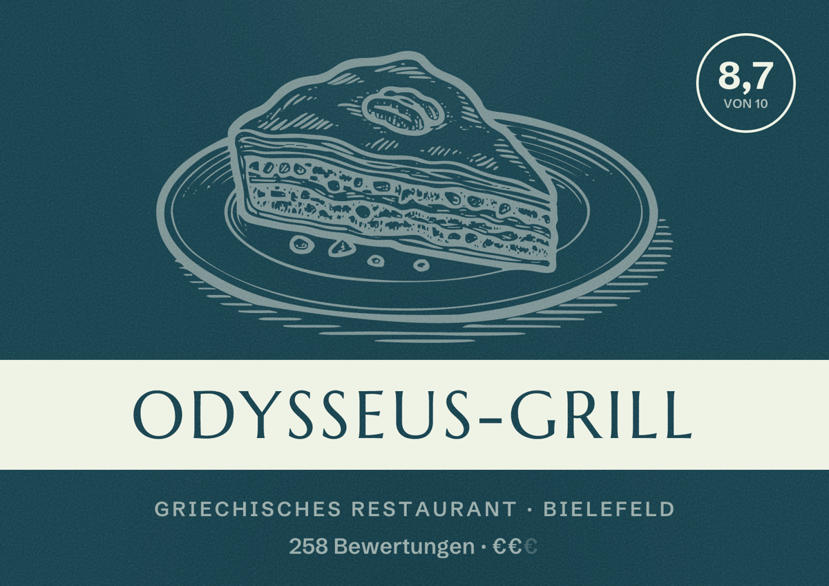 Illustriertes Poster von Odysseus-Grill, Griechisches Restaurant in Bielefeld: Bewertung 8,7 von 10 aus 258 Bewertungen, Preisniveau €€