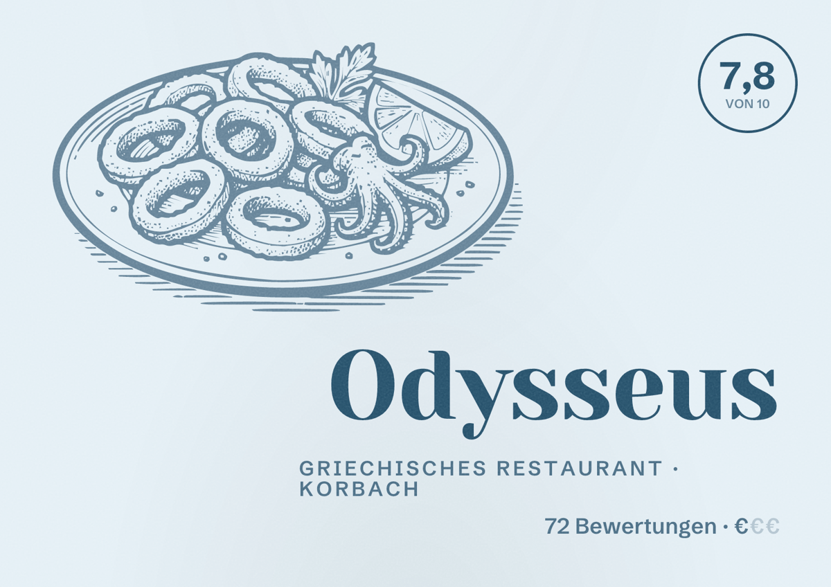 Illustriertes Poster von Odysseus, Griechisches Restaurant in Korbach: Bewertung 7,8 von 10 aus 72 Bewertungen, Preisniveau €