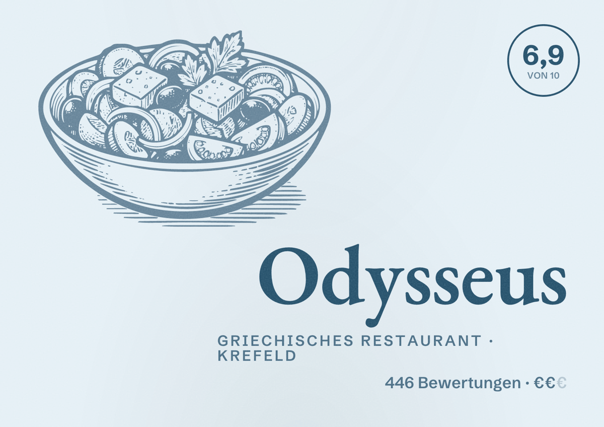 Illustriertes Poster von Odysseus, Griechisches Restaurant in Krefeld: Bewertung 6,9 von 10 aus 446 Bewertungen, Preisniveau €€