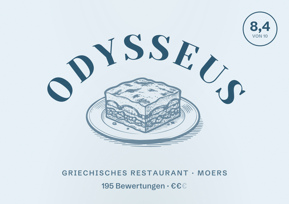 Illustriertes Poster von Odysseus, Griechisches Restaurant in Moers: Bewertung 8,4 von 10 aus 195 Bewertungen, Preisniveau €€