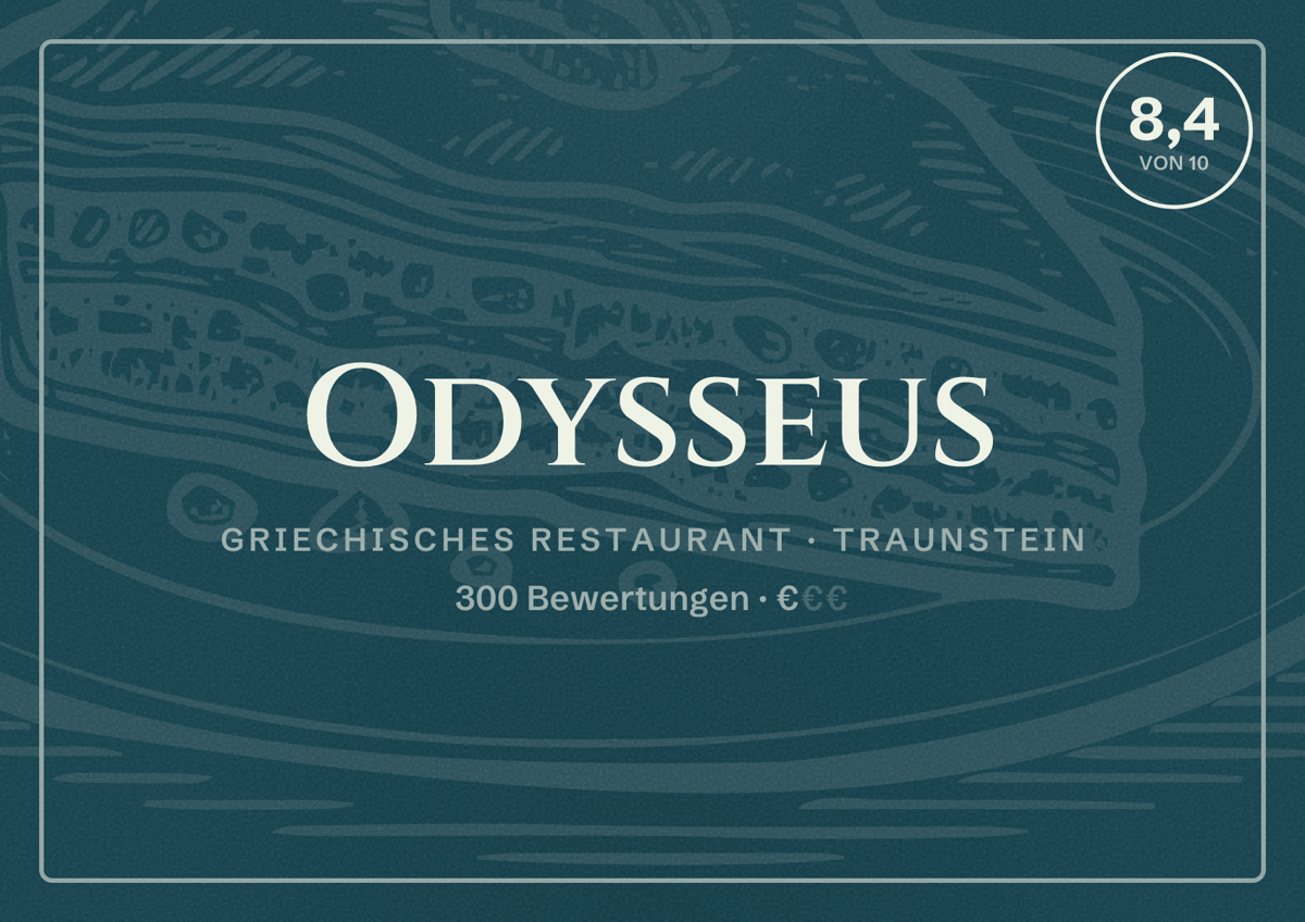 Illustriertes Poster von Odysseus, Griechisches Restaurant in Traunstein: Bewertung 8,4 von 10 aus 300 Bewertungen, Preisniveau €