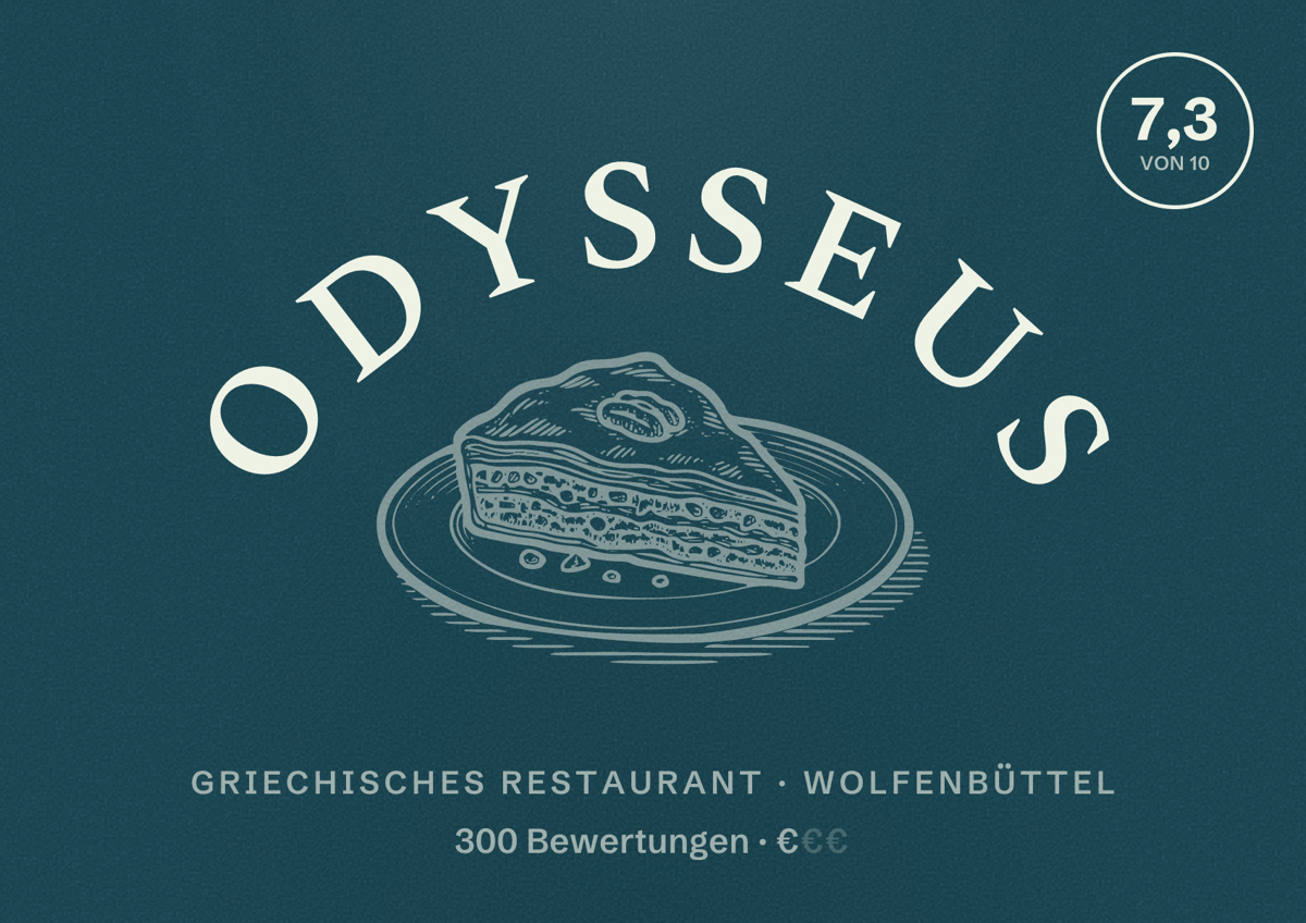 Illustriertes Poster von Odysseus, Griechisches Restaurant in Wolfenbüttel: Bewertung 7,3 von 10 aus 300 Bewertungen, Preisniveau €