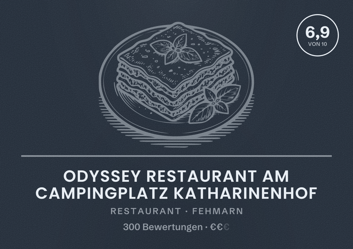 Illustriertes Poster von Odyssey Restaurant am Campingplatz Katharinenhof, Restaurant in Fehmarn: Bewertung 6,9 von 10 aus 300 Bewertungen, Preisniveau €€