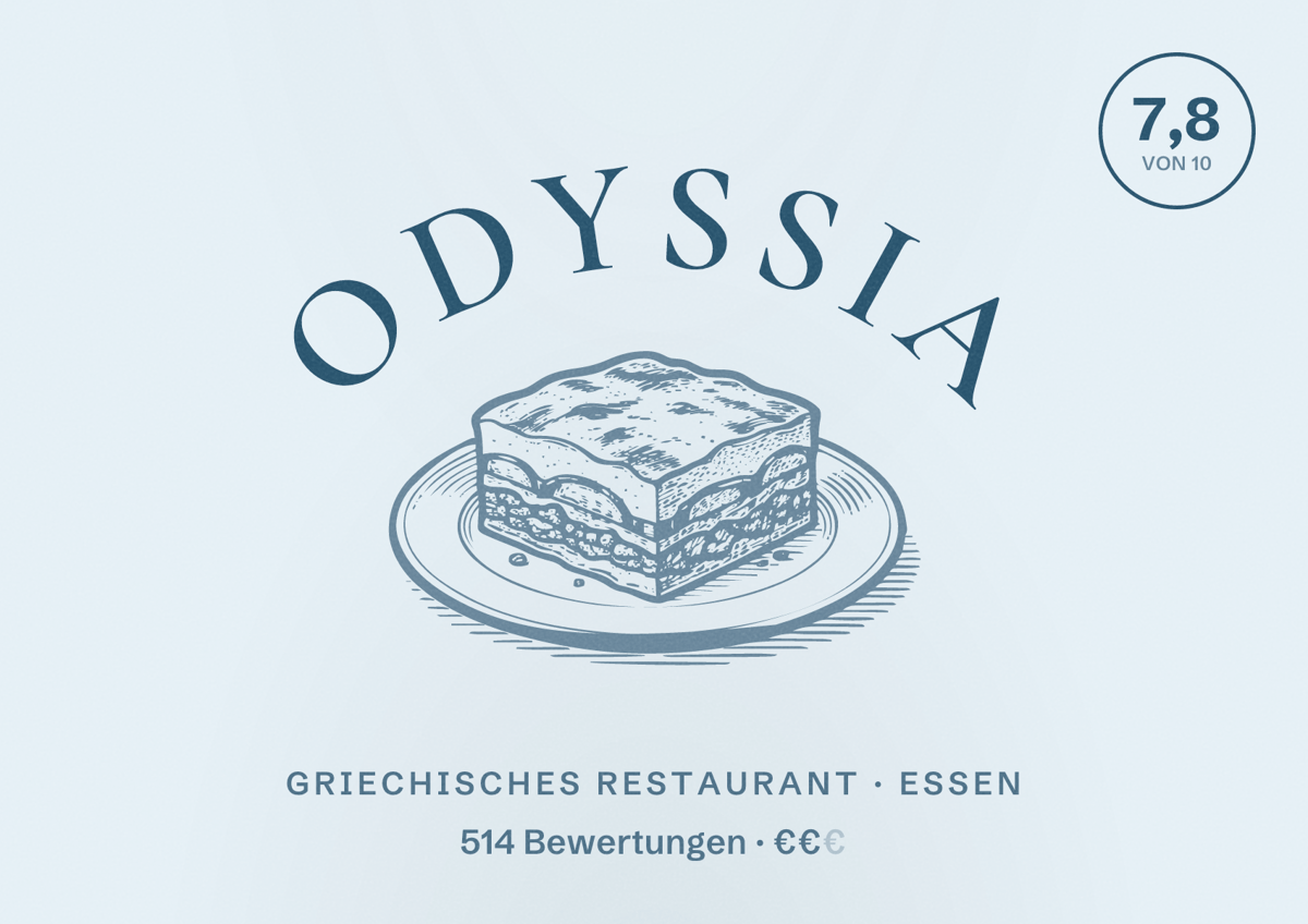 Illustriertes Poster von Odyssia, Griechisches Restaurant in Essen: Bewertung 7,8 von 10 aus 514 Bewertungen, Preisniveau €€