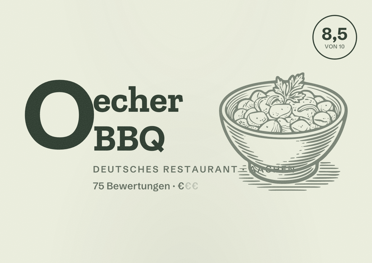 Illustriertes Poster von Oecher BBQ, Deutsches Restaurant in Aachen: Bewertung 8,5 von 10 aus 75 Bewertungen, Preisniveau €