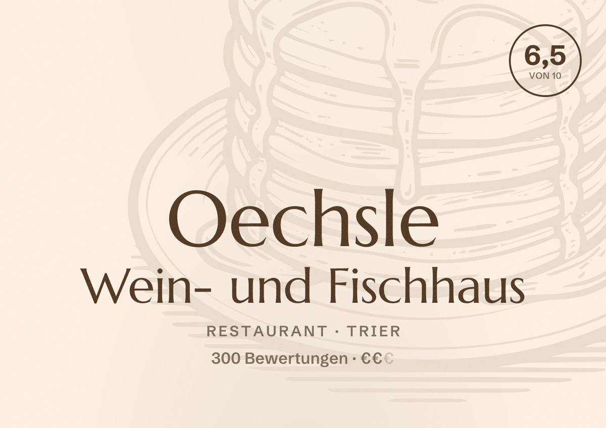 Illustriertes Poster von Oechsle Wein- und Fischhaus, Restaurant in Trier: Bewertung 6,5 von 10 aus 300 Bewertungen, Preisniveau €€