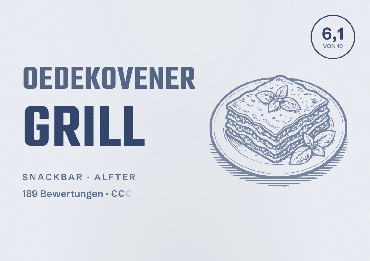 Illustriertes Poster von Oedekovener Grill, Snackbar in Alfter: Bewertung 6,1 von 10 aus 189 Bewertungen, Preisniveau €€