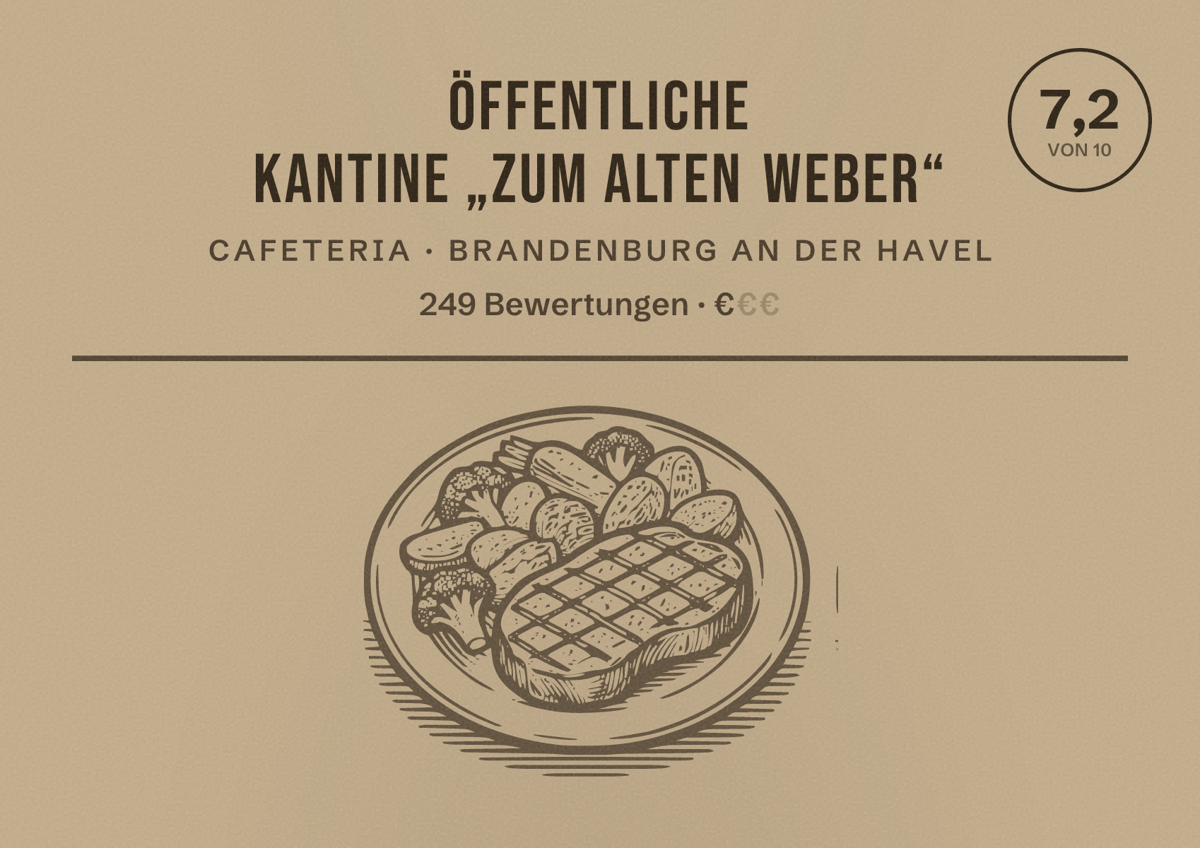 Illustriertes Poster von Öffentliche Kantine „Zum Alten Weber“, Cafeteria in Brandenburg an der Havel: Bewertung 7,2 von 10 aus 249 Bewertungen, Preisniveau €