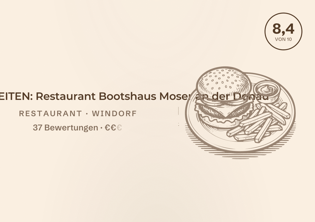 Illustriertes Poster von ÖFFNUNGSZEITEN: Restaurant Bootshaus Moser an der Donau, Restaurant in Windorf: Bewertung 8,4 von 10 aus 37 Bewertungen, Preisniveau €€