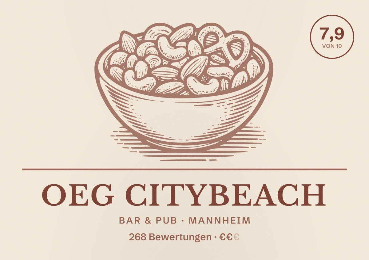 Illustriertes Poster von OEG Citybeach, Bar & Pub in Mannheim: Bewertung 7,9 von 10 aus 268 Bewertungen, Preisniveau €€