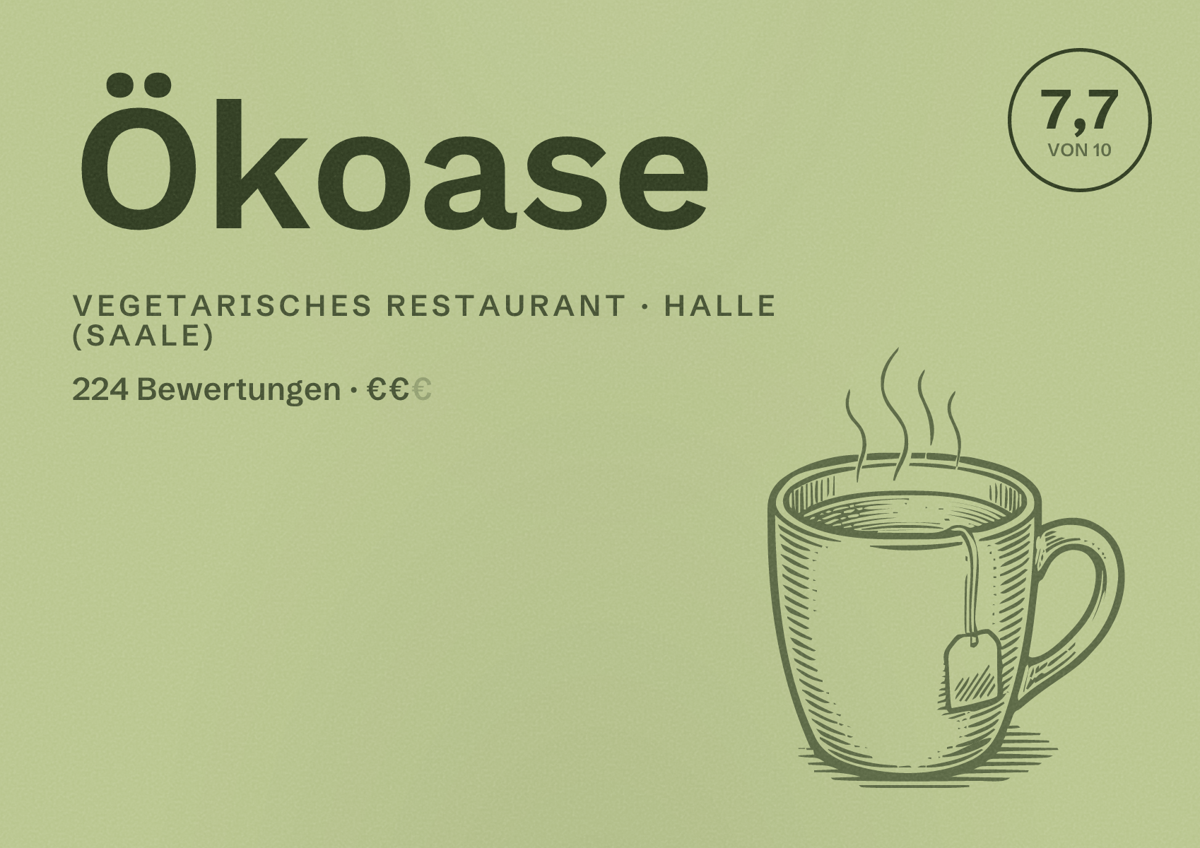Illustriertes Poster von Ökoase, Vegetarisches Restaurant in Halle (Saale): Bewertung 7,7 von 10 aus 224 Bewertungen, Preisniveau €€
