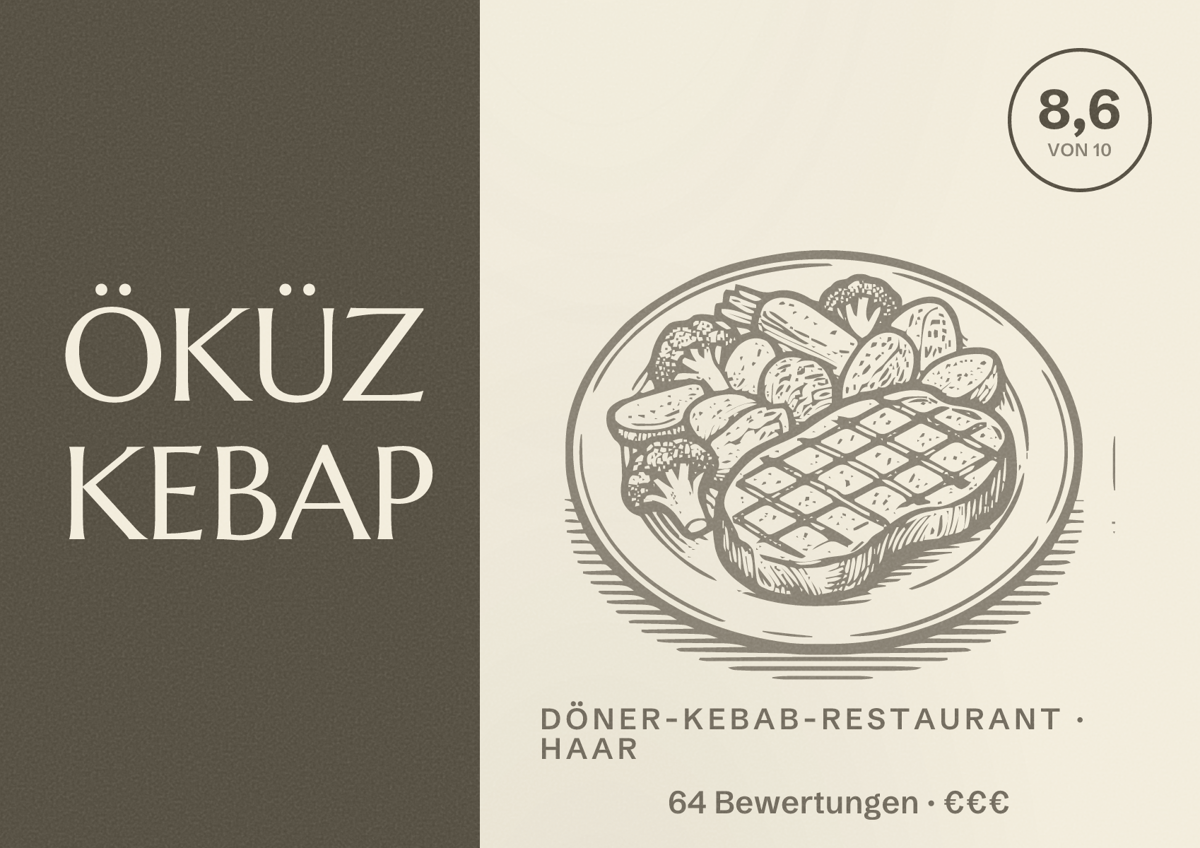Illustriertes Poster von ÖKÜZ KEBAP, Döner-Kebab-Restaurant in Haar: Bewertung 8,6 von 10 aus 64 Bewertungen, Preisniveau €€€