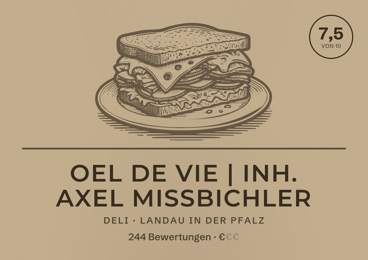 Illustriertes Poster von Oel de Vie | Inh. Axel Missbichler, Deli in Landau in der Pfalz: Bewertung 7,5 von 10 aus 244 Bewertungen, Preisniveau €
