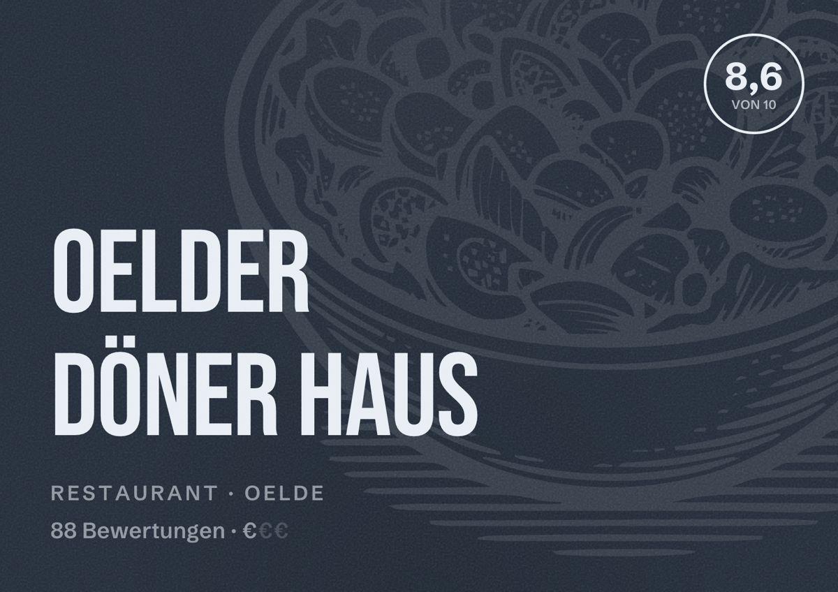 Illustriertes Poster von Oelder Döner Haus, Restaurant in Oelde: Bewertung 8,6 von 10 aus 88 Bewertungen, Preisniveau €