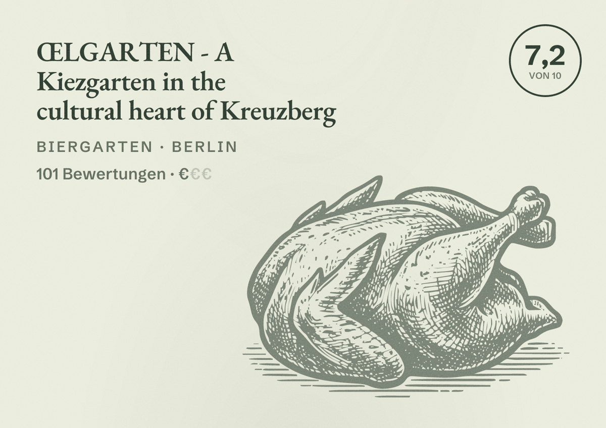 Illustriertes Poster von ŒLGARTEN - A Kiezgarten in the cultural heart of Kreuzberg, Biergarten in Berlin: Bewertung 7,2 von 10 aus 101 Bewertungen, Preisniveau €