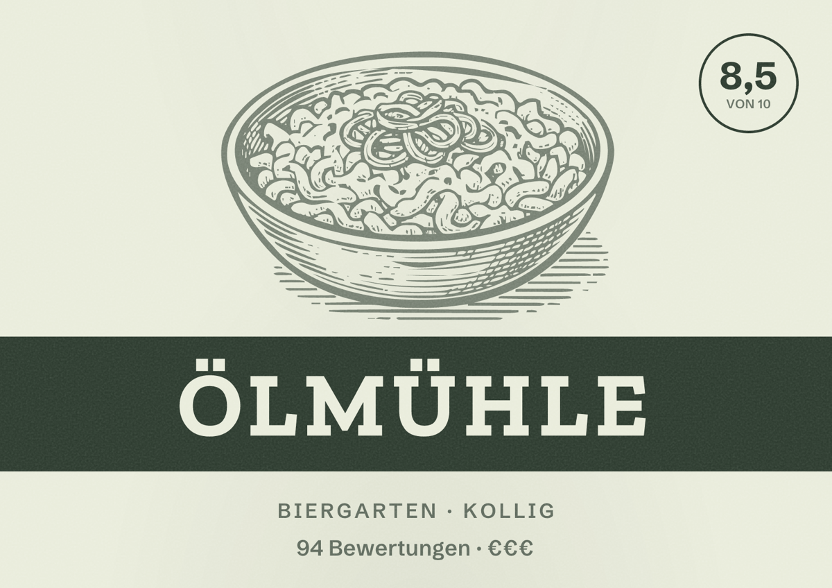 Illustriertes Poster von Ölmühle, Biergarten in Kollig: Bewertung 8,5 von 10 aus 94 Bewertungen, Preisniveau €€€