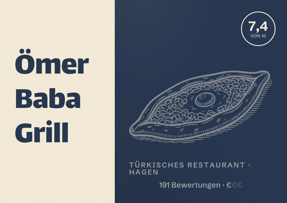 Illustriertes Poster von Ömer Baba Grill, Türkisches Restaurant in Hagen: Bewertung 7,4 von 10 aus 191 Bewertungen, Preisniveau €