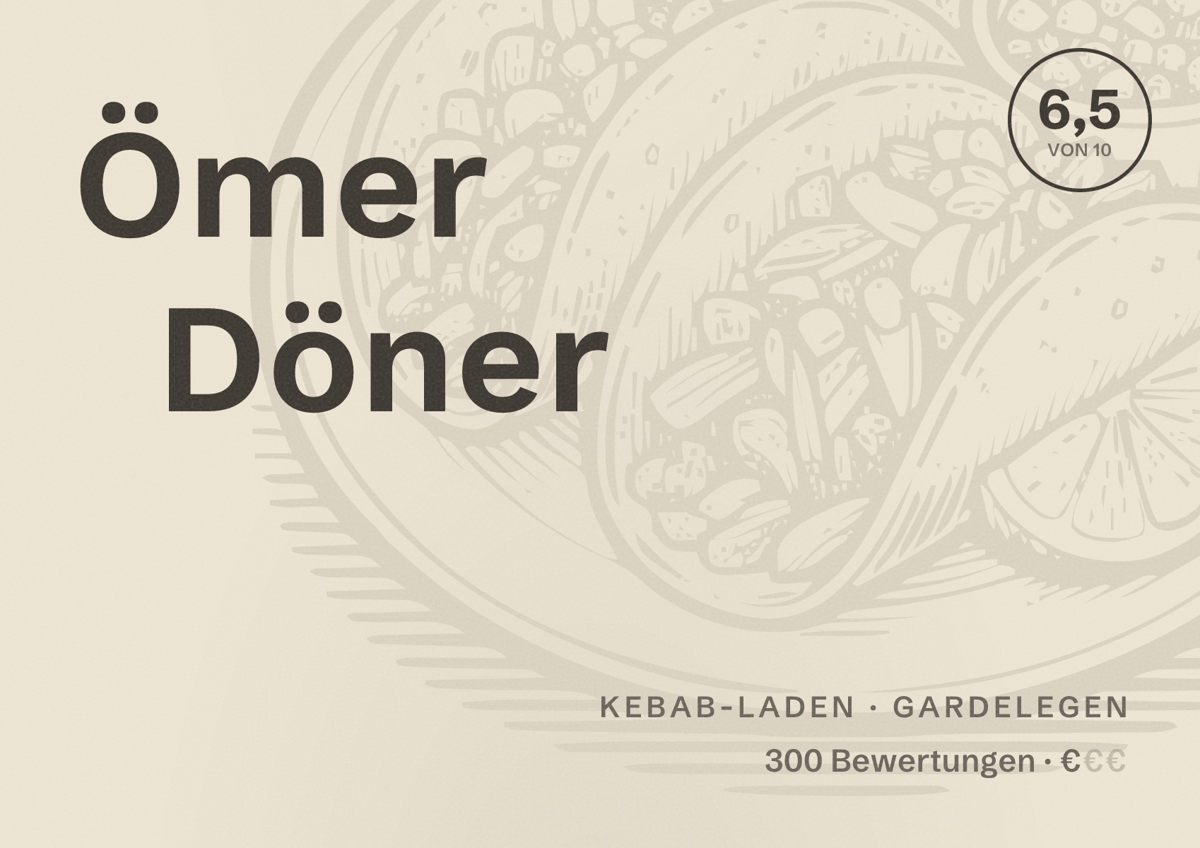 Illustriertes Poster von Ömer Döner, Kebab-Laden in Gardelegen: Bewertung 6,5 von 10 aus 300 Bewertungen, Preisniveau €