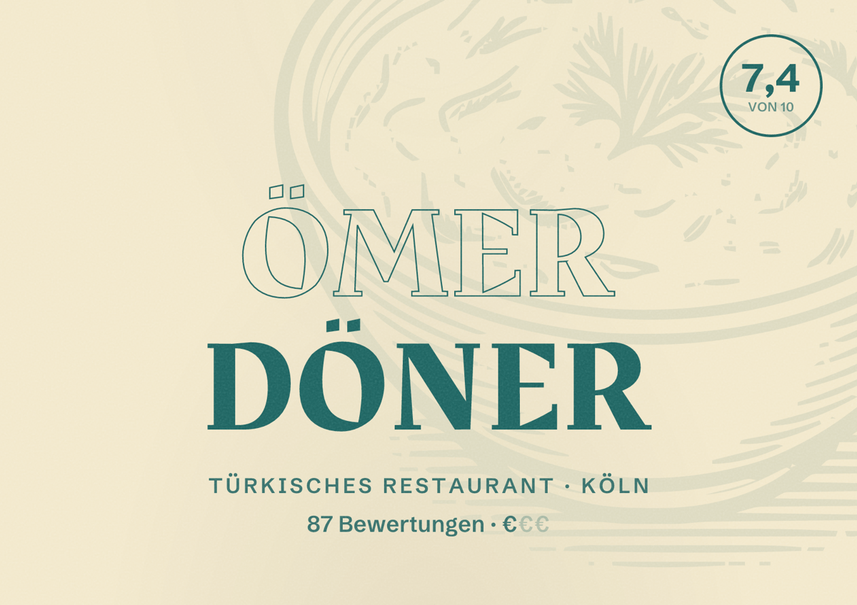 Illustriertes Poster von Ömer Döner, Türkisches Restaurant in Köln: Bewertung 7,4 von 10 aus 87 Bewertungen, Preisniveau €