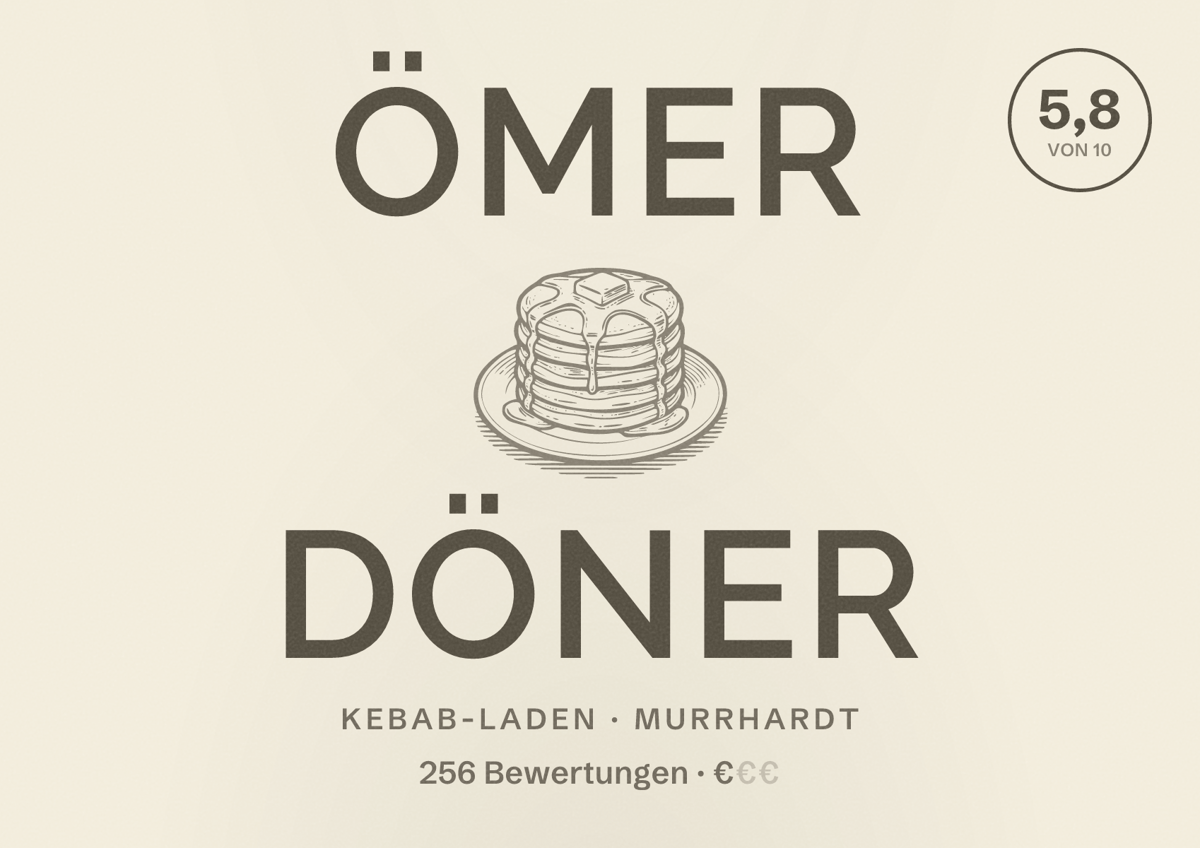 Illustriertes Poster von Ömer Döner, Kebab-Laden in Murrhardt: Bewertung 5,8 von 10 aus 256 Bewertungen, Preisniveau €
