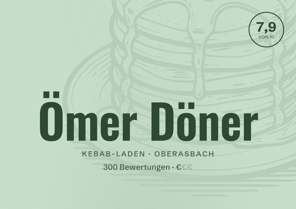 Illustriertes Poster von Ömer Döner, Kebab-Laden in Oberasbach: Bewertung 7,9 von 10 aus 300 Bewertungen, Preisniveau €