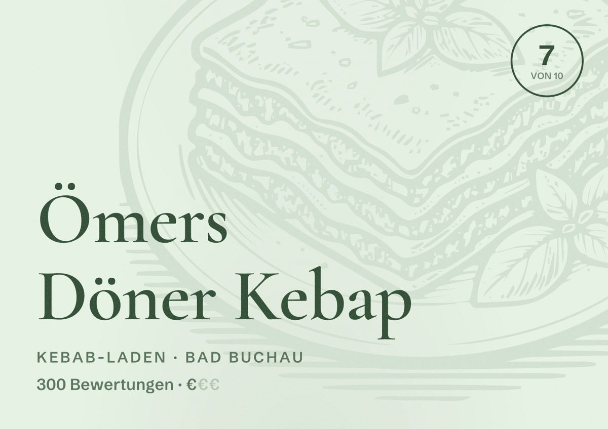 Illustriertes Poster von Ömers Döner Kebap, Kebab-Laden in Bad Buchau: Bewertung 7 von 10 aus 300 Bewertungen, Preisniveau €