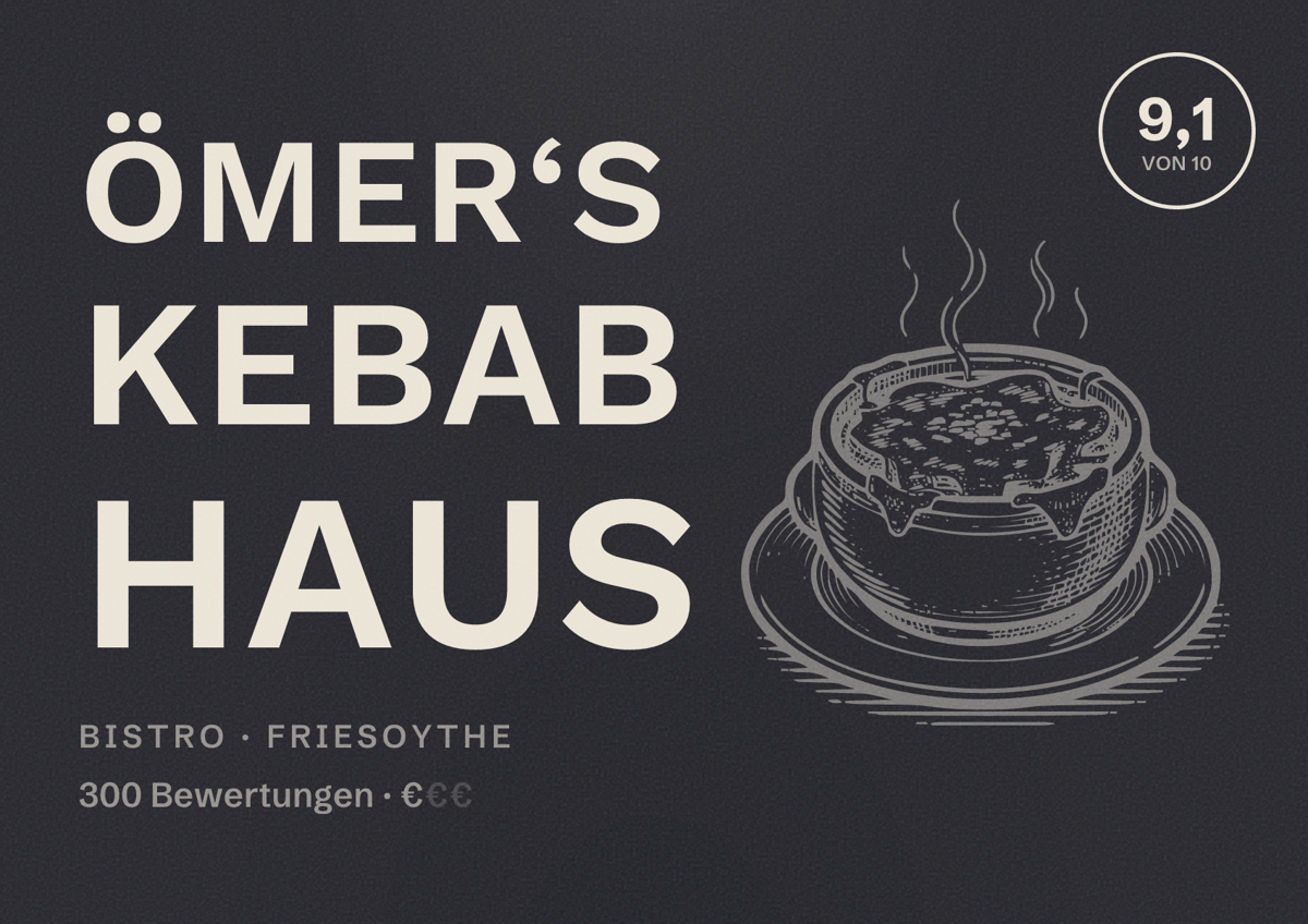 Illustriertes Poster von Ömer‘s Kebab Haus, Bistro in Friesoythe: Bewertung 9,1 von 10 aus 300 Bewertungen, Preisniveau €