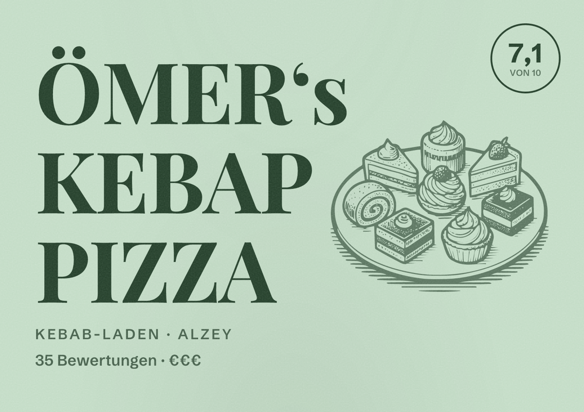Illustriertes Poster von ÖMER‘s KEBAP PIZZA, Kebab-Laden in Alzey: Bewertung 7,1 von 10 aus 35 Bewertungen, Preisniveau €€€