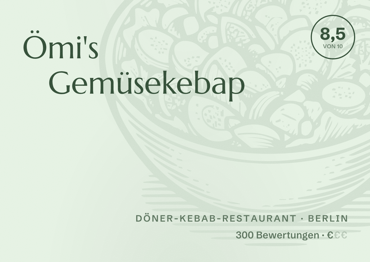Illustriertes Poster von Ömi's Gemüsekebap, Döner-Kebab-Restaurant in Berlin: Bewertung 8,5 von 10 aus 300 Bewertungen, Preisniveau €