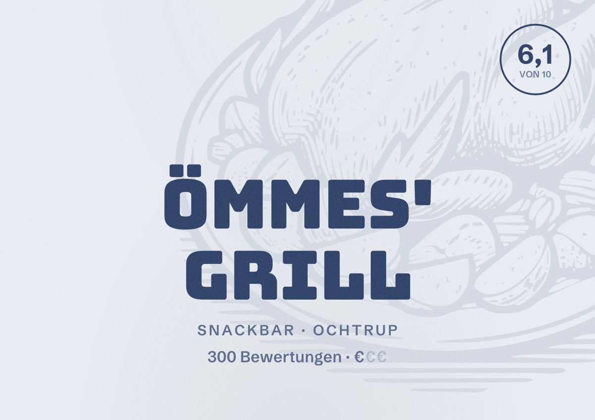 Illustriertes Poster von Ömmes' Grill, Snackbar in Ochtrup: Bewertung 6,1 von 10 aus 300 Bewertungen, Preisniveau €