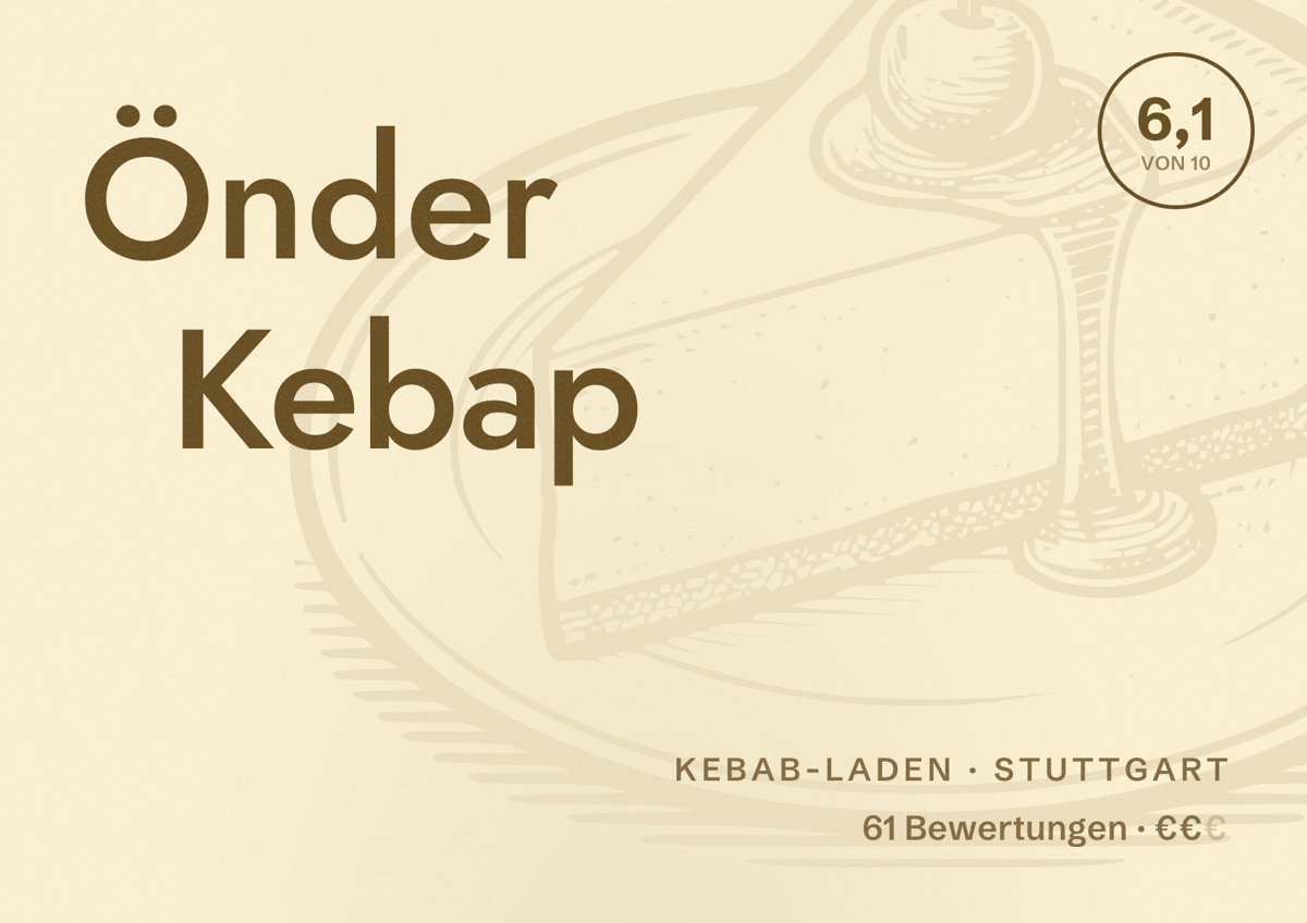 Illustriertes Poster von Önder Kebap, Kebab-Laden in Stuttgart: Bewertung 6,1 von 10 aus 61 Bewertungen, Preisniveau €€