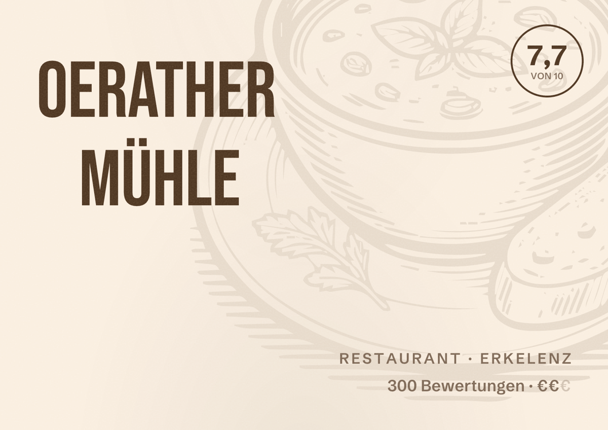 Illustriertes Poster von Oerather Mühle, Restaurant in Erkelenz: Bewertung 7,7 von 10 aus 300 Bewertungen, Preisniveau €€