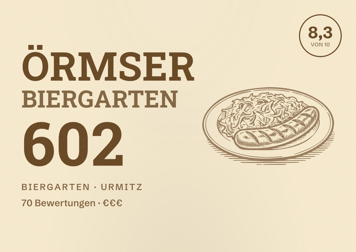 Illustriertes Poster von ÖRMSER BIERGARTEN 602, Biergarten in Urmitz: Bewertung 8,3 von 10 aus 70 Bewertungen, Preisniveau €€€