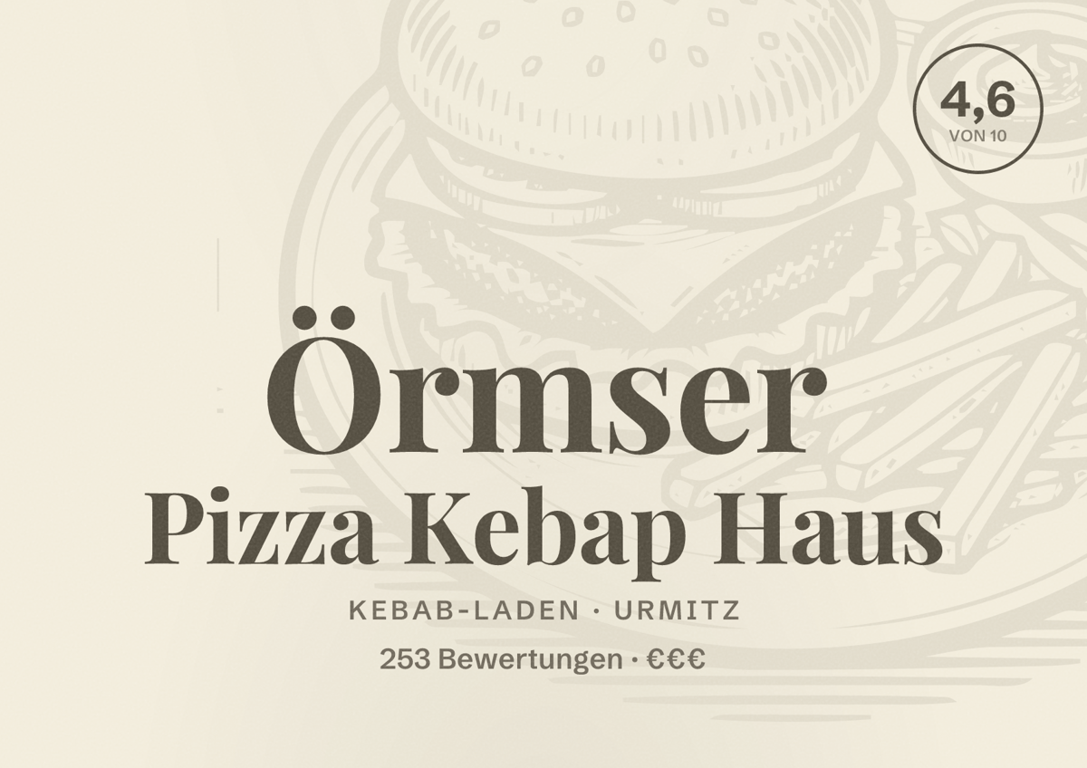 Illustriertes Poster von Örmser Pizza Kebap Haus, Kebab-Laden in Urmitz: Bewertung 4,6 von 10 aus 253 Bewertungen, Preisniveau €€€
