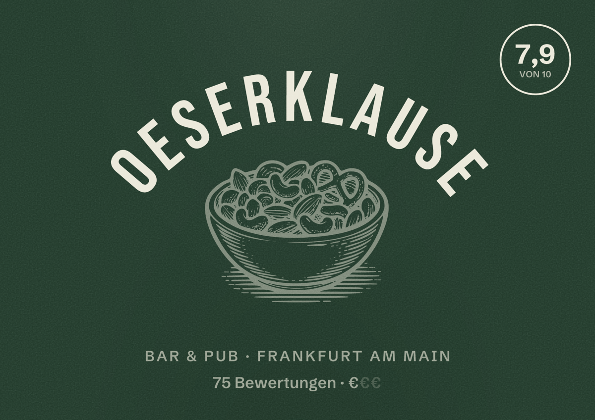 Illustriertes Poster von Oeserklause, Bar & Pub in Frankfurt am Main: Bewertung 7,9 von 10 aus 75 Bewertungen, Preisniveau €