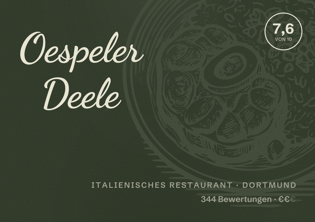 Illustriertes Poster von Oespeler Deele, Italienisches Restaurant in Dortmund: Bewertung 7,6 von 10 aus 344 Bewertungen, Preisniveau €€