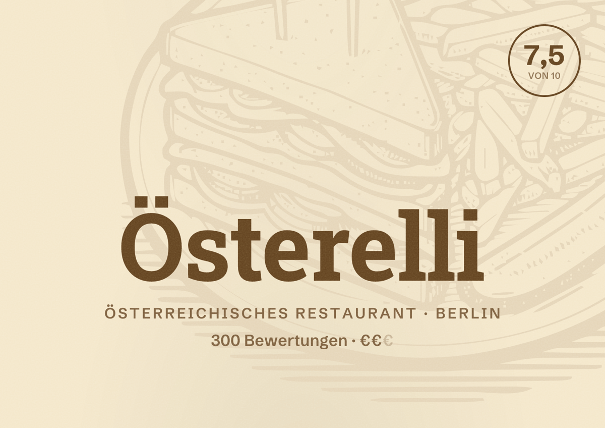 Illustriertes Poster von Österelli, Österreichisches Restaurant in Berlin: Bewertung 7,5 von 10 aus 300 Bewertungen, Preisniveau €€