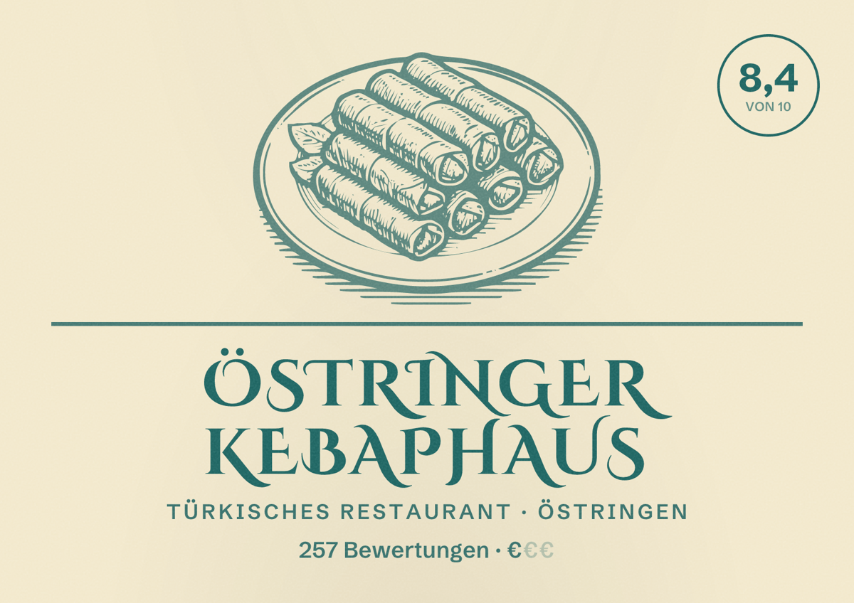 Illustriertes Poster von Östringer Kebaphaus, Türkisches Restaurant in Östringen: Bewertung 8,4 von 10 aus 257 Bewertungen, Preisniveau €