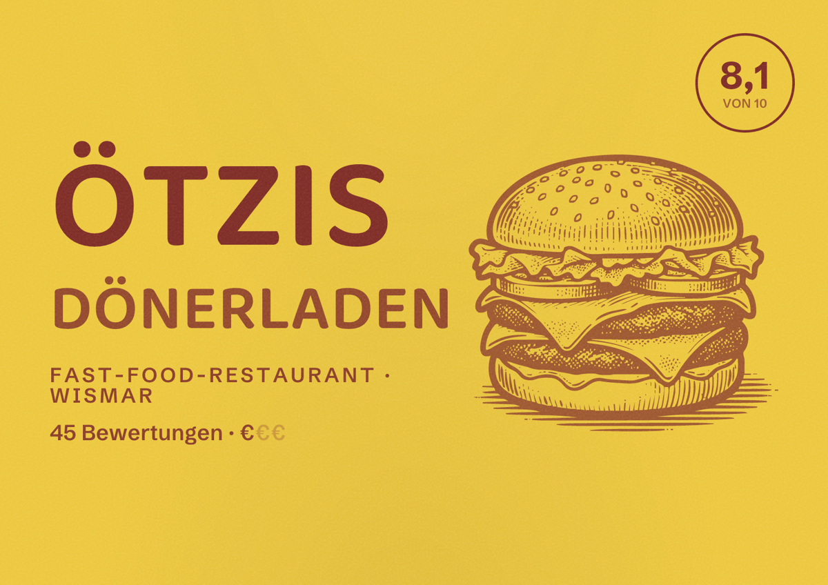 Illustriertes Poster von Ötzis Dönerladen, Fast-Food-Restaurant in Wismar: Bewertung 8,1 von 10 aus 45 Bewertungen, Preisniveau €