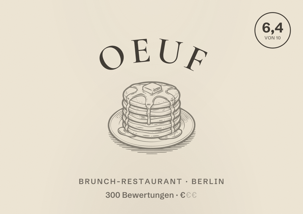 Illustriertes Poster von Oeuf, Brunch-Restaurant in Berlin: Bewertung 6,4 von 10 aus 300 Bewertungen, Preisniveau €