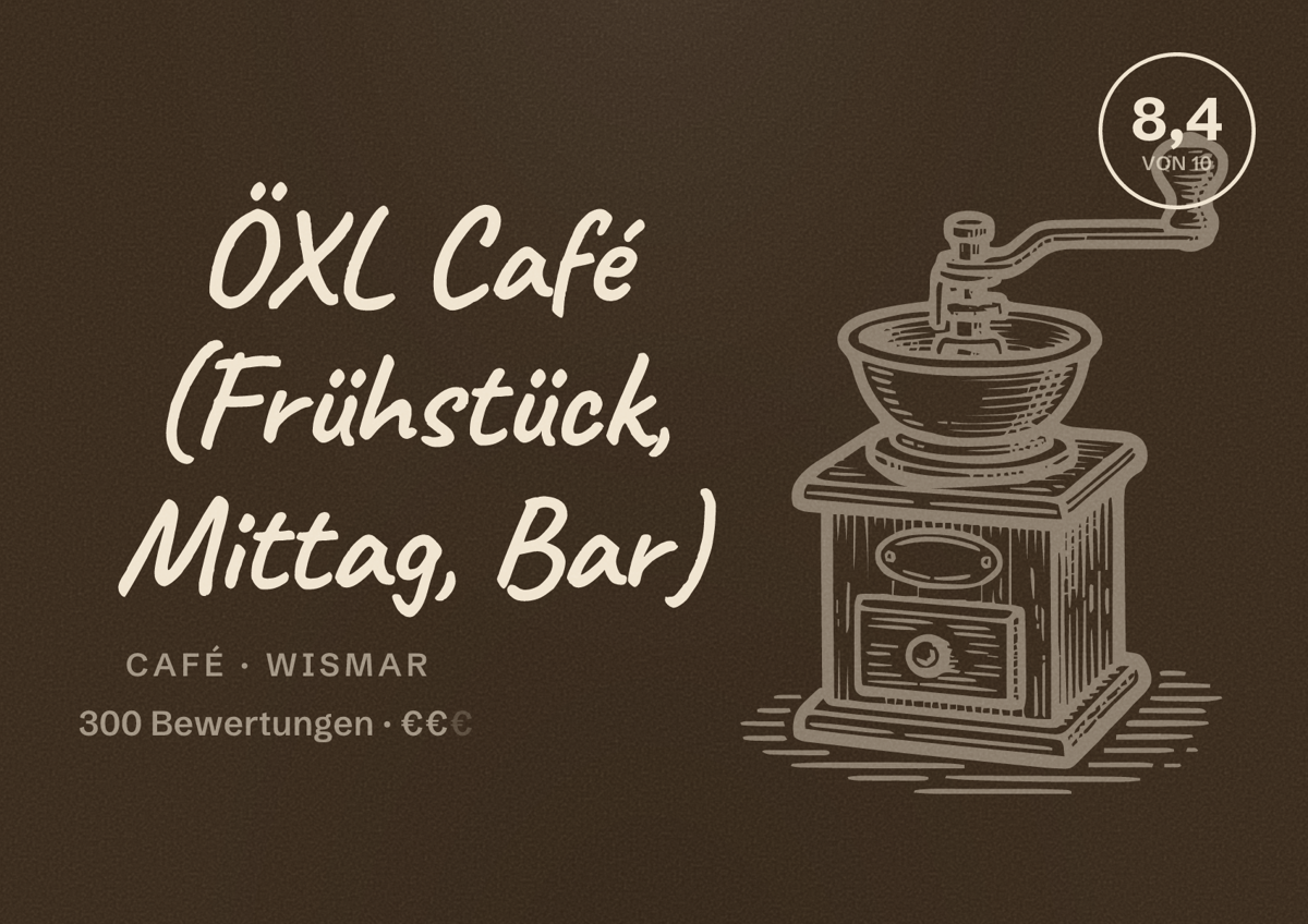 Illustriertes Poster von ÖXL Café (Frühstück, Mittag, Bar), Café in Wismar: Bewertung 8,4 von 10 aus 300 Bewertungen, Preisniveau €€