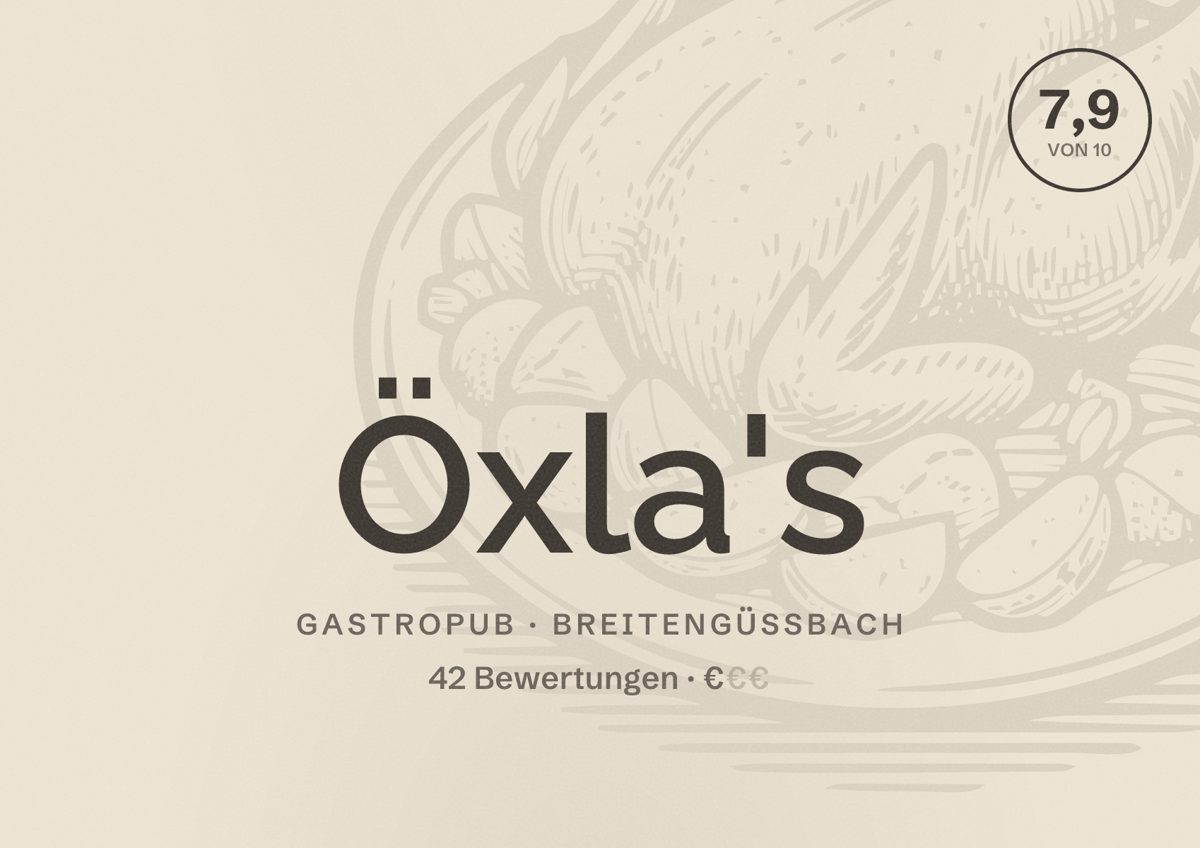 Illustriertes Poster von Öxla's, Gastropub in Breitengüßbach: Bewertung 7,9 von 10 aus 42 Bewertungen, Preisniveau €