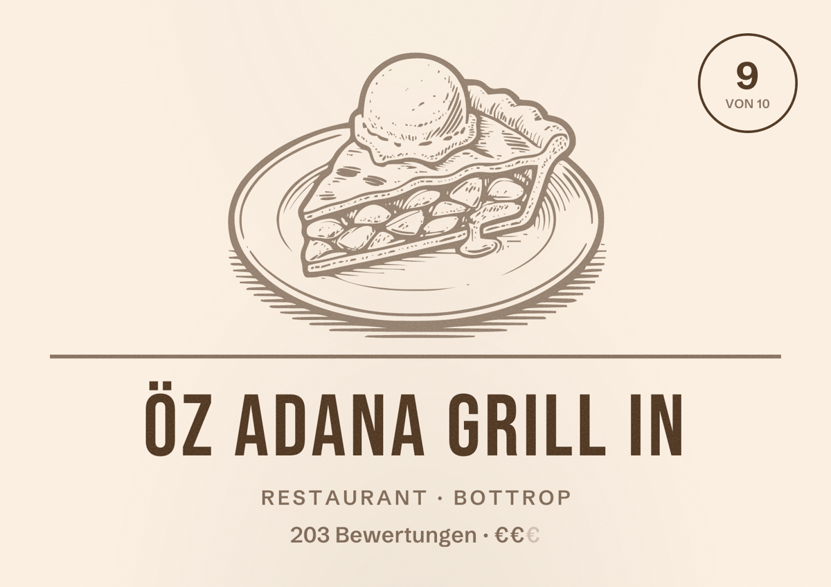 Illustriertes Poster von Öz Adana Grill in, Restaurant in Bottrop: Bewertung 9 von 10 aus 203 Bewertungen, Preisniveau €€