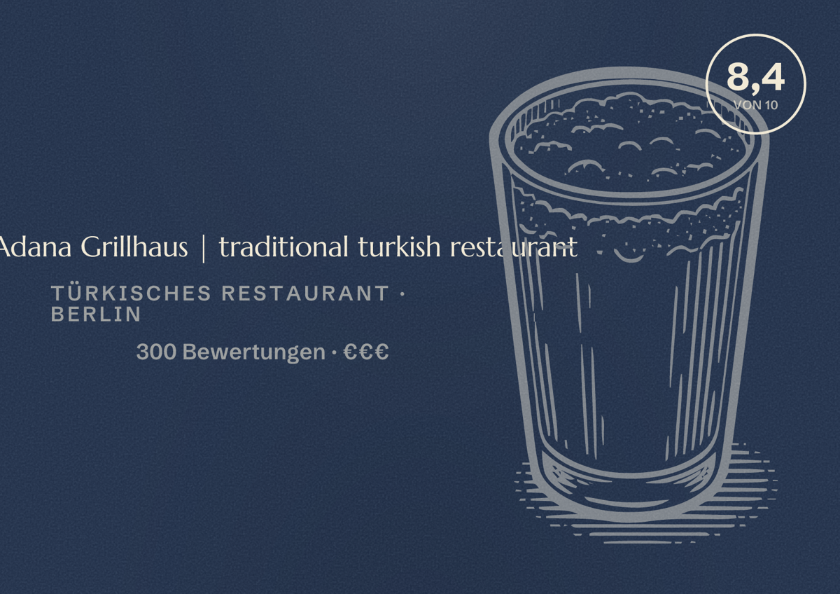 Illustriertes Poster von Öz Adana Grillhaus | traditional turkish restaurant, Türkisches Restaurant in Berlin: Bewertung 8,4 von 10 aus 300 Bewertungen, Preisniveau €€€