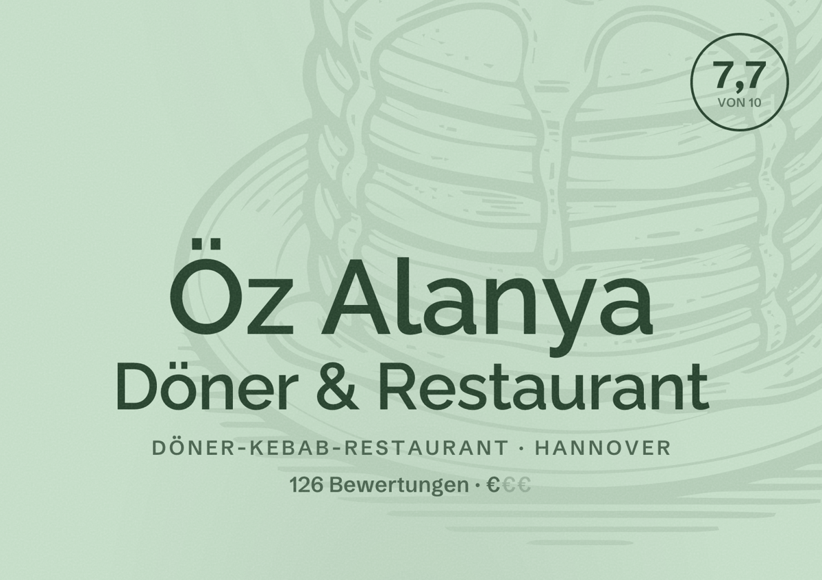 Illustriertes Poster von Öz Alanya Döner & Restaurant, Döner-Kebab-Restaurant in Hannover: Bewertung 7,7 von 10 aus 126 Bewertungen, Preisniveau €