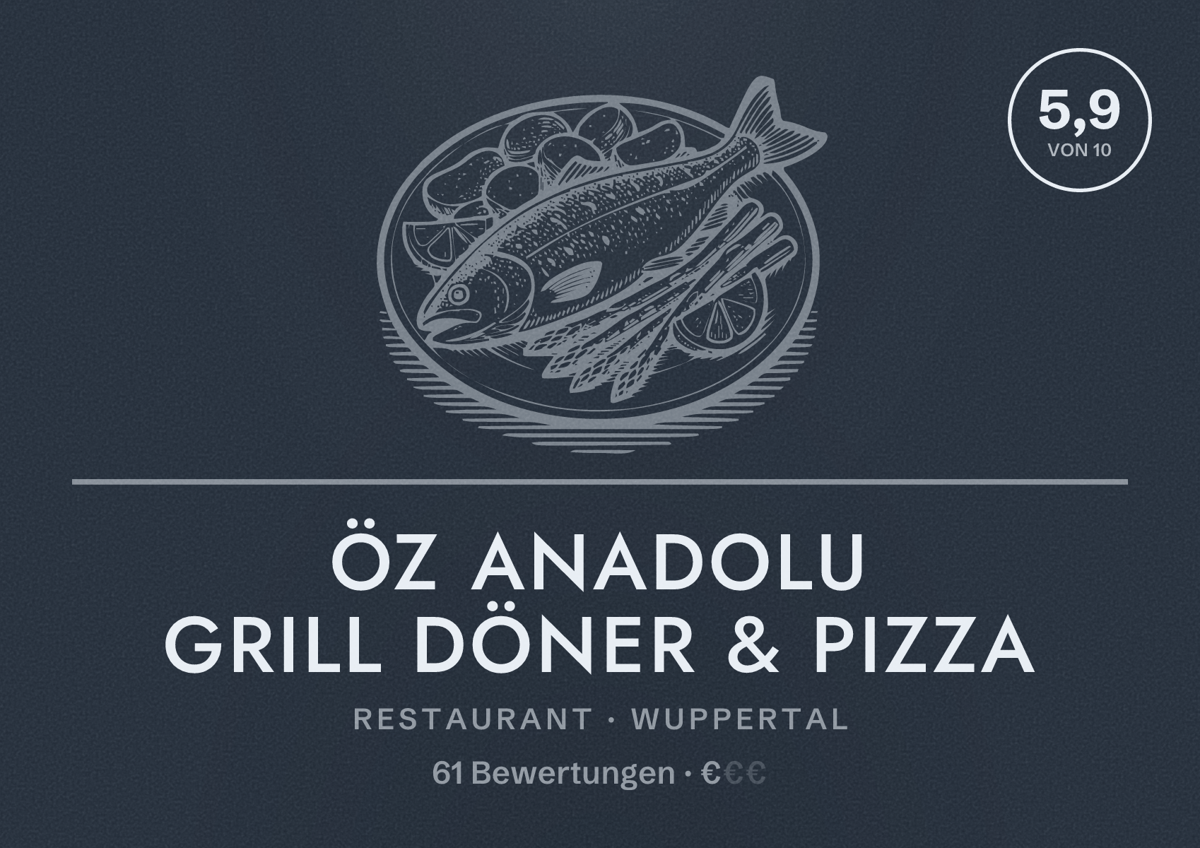 Illustriertes Poster von Öz Anadolu Grill Döner & Pizza, Restaurant in Wuppertal: Bewertung 5,9 von 10 aus 61 Bewertungen, Preisniveau €
