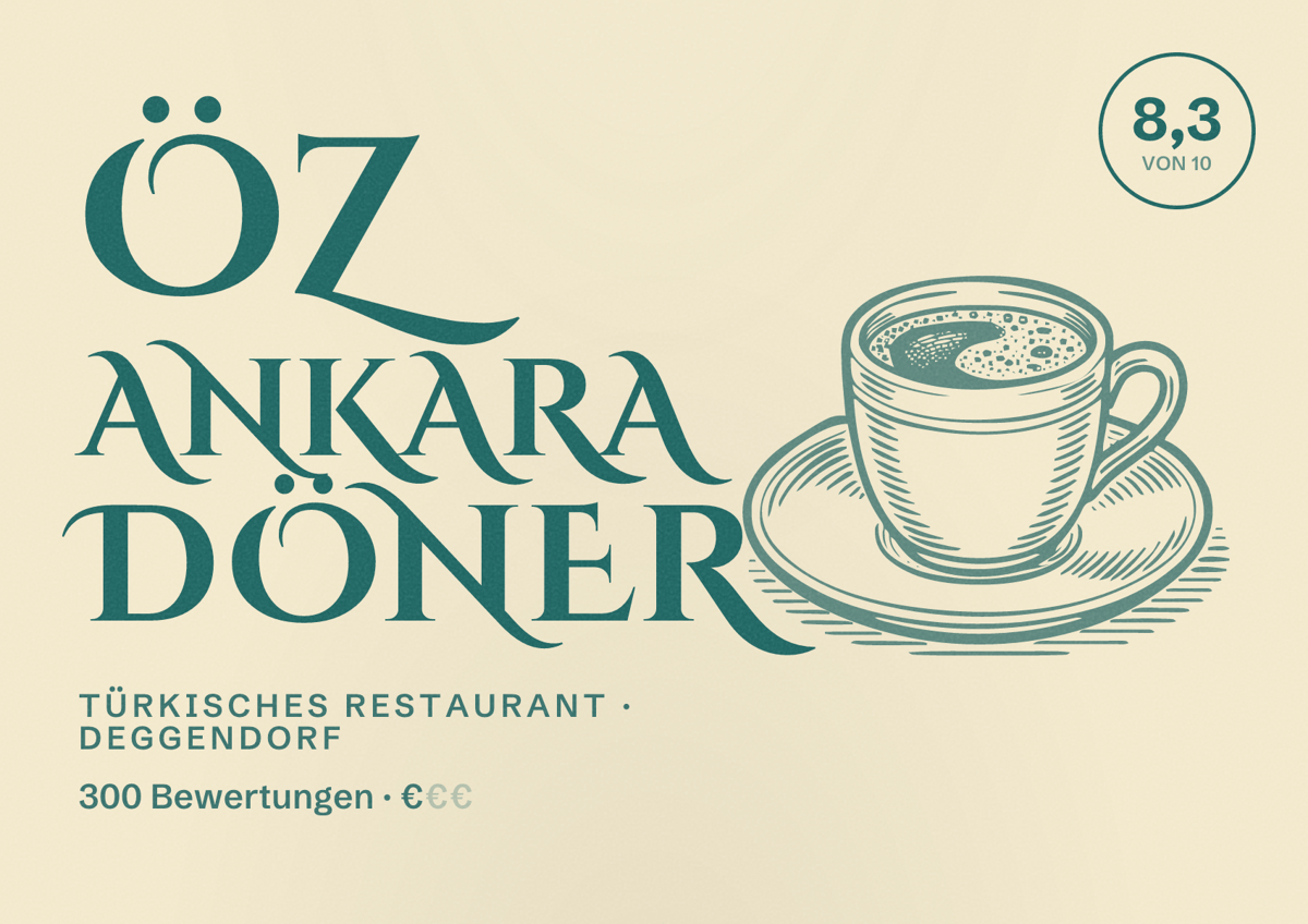 Illustriertes Poster von öz Ankara Döner, Türkisches Restaurant in Deggendorf: Bewertung 8,3 von 10 aus 300 Bewertungen, Preisniveau €