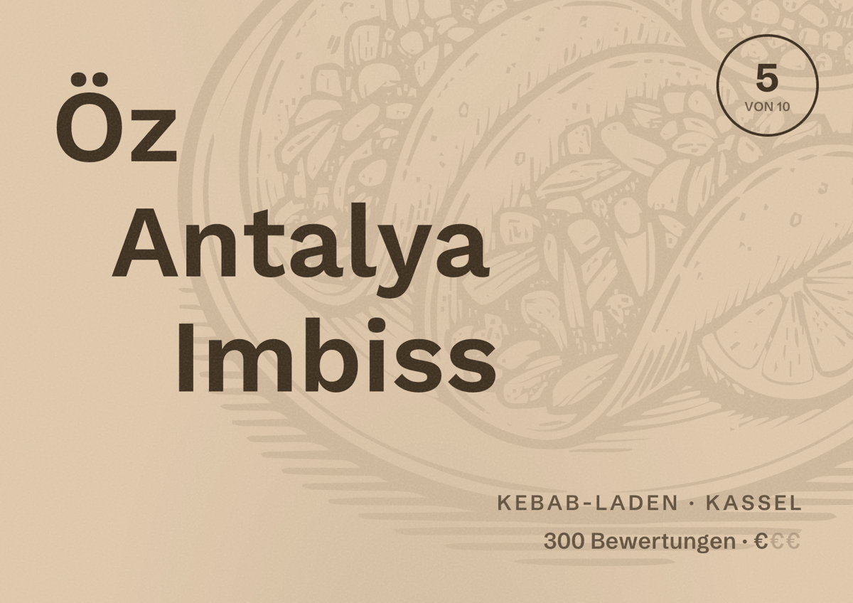 Illustriertes Poster von Öz Antalya Imbiss, Kebab-Laden in Kassel: Bewertung 5 von 10 aus 300 Bewertungen, Preisniveau €