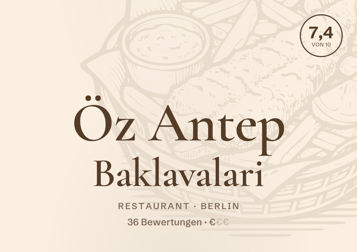 Illustriertes Poster von Öz Antep Baklavalari, Restaurant in Berlin: Bewertung 7,4 von 10 aus 36 Bewertungen, Preisniveau €