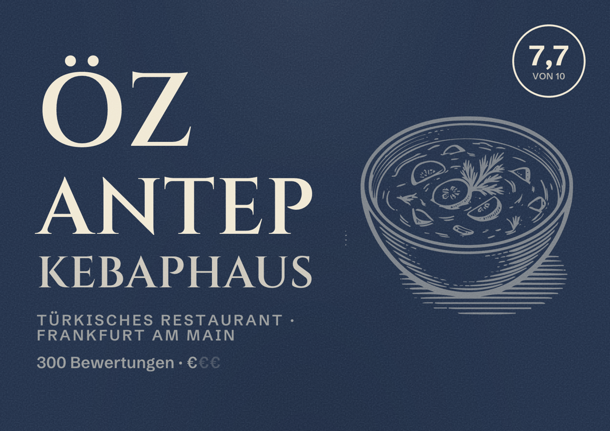 Illustriertes Poster von Öz Antep KebapHaus, Türkisches Restaurant in Frankfurt am Main: Bewertung 7,7 von 10 aus 300 Bewertungen, Preisniveau €